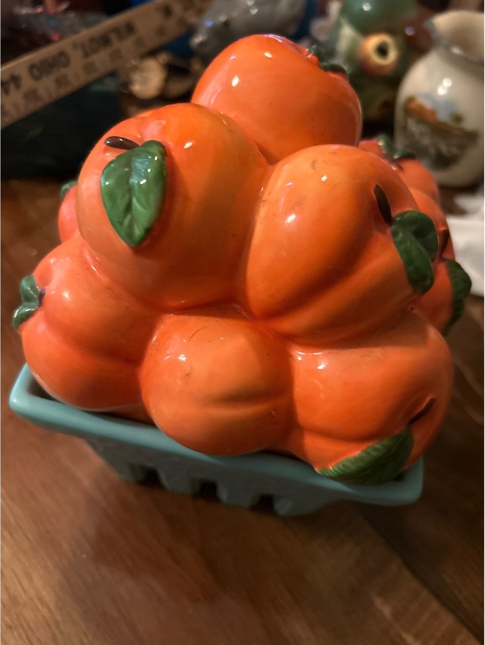 Ceramic Orange Fruit Basket Candle Holder with Blue Basket